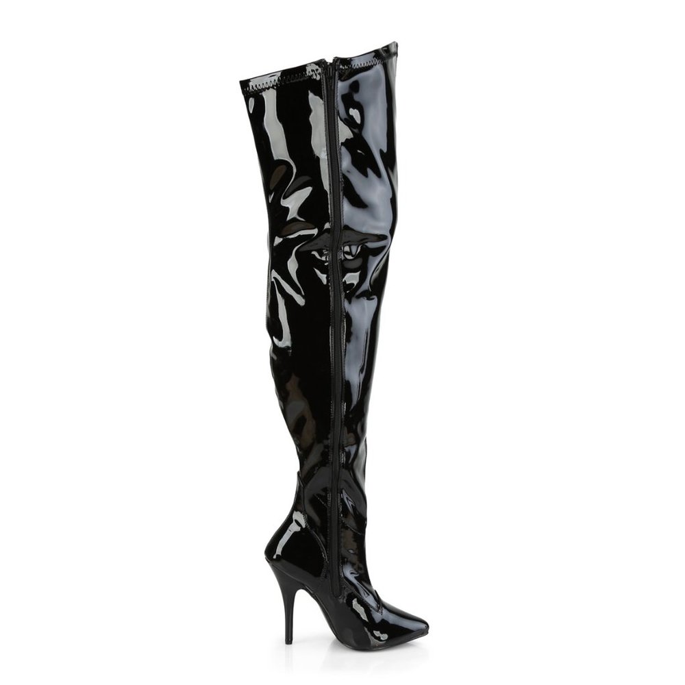Pleaser Seduce 3000WC Patent Black Stiletto Thigh High Boots - Picture 2 of 5